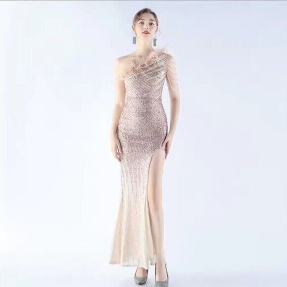 Gold, One Shoulder Beaded,Feather Neckline, Gradient Print, Sequined Gown - Picture 3 of 14